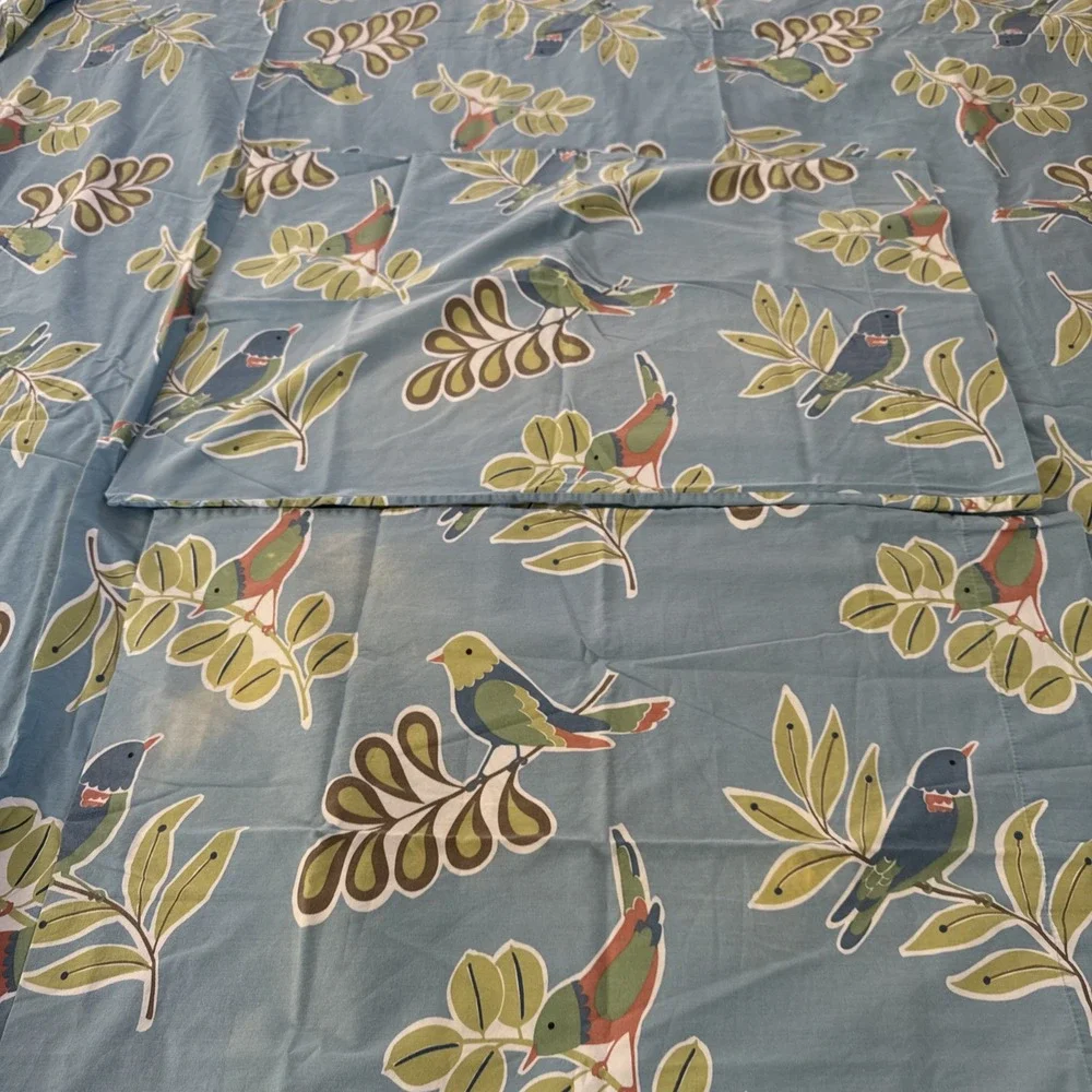 The Company Store Birds Queen Flat Sheet & 2 Std Pillowcases Blue Nature Cotton